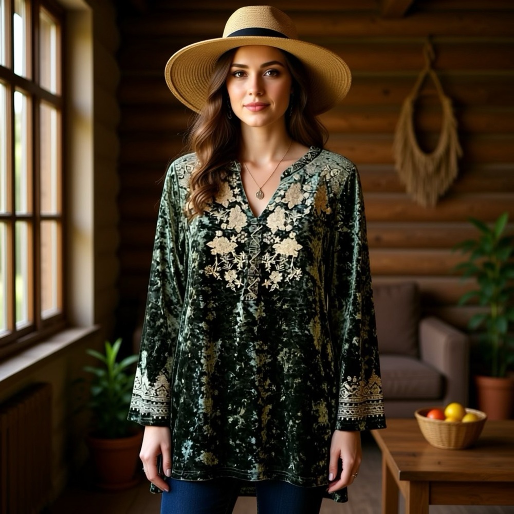 ANDREE BY UNIT VELVET GREEN EMBROIDERED BLOUSE, LARGE